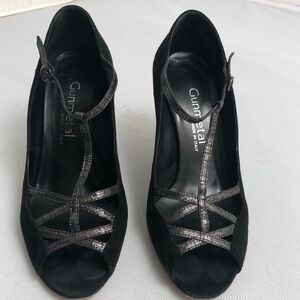 Gunmetal brand black suede stiletto heels